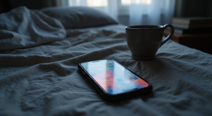 Een smartphone toont een datingapp op een versleten nachtkastje.