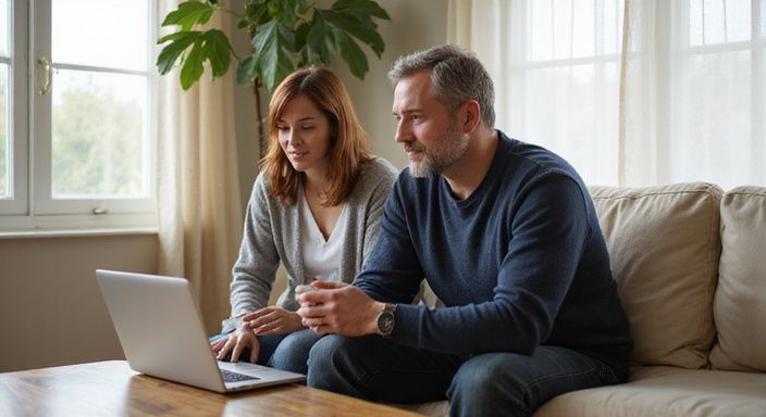 Twee volwassenen in gesprek over leuke sexcontacten vinden bij een laptop op een bank.