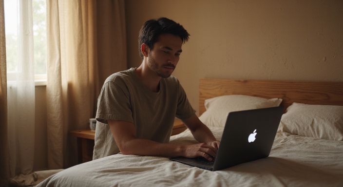 Een ontspannen persoon op een bed met een laptop.