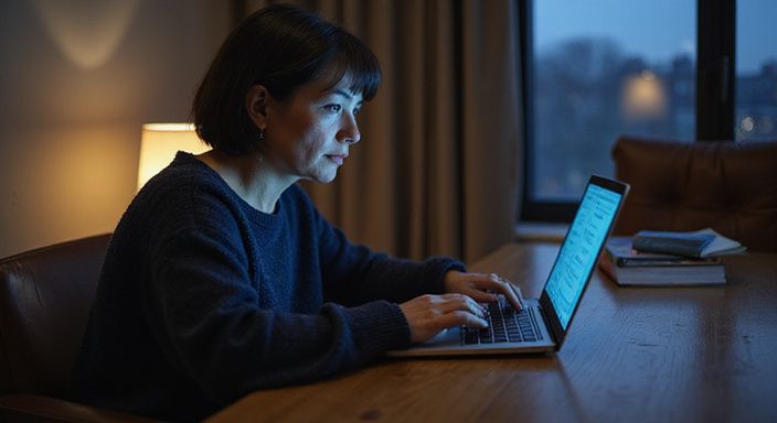 Een middelbare vrouw werkt geconcentreerd aan haar online datingprofiel.