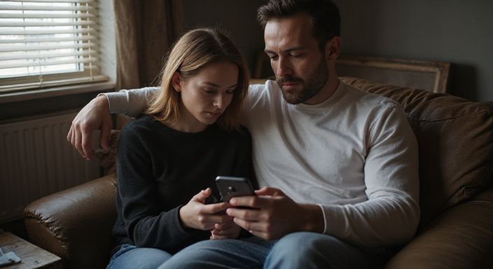 Een man en vrouw ontdekken samen een dating app op hun telefoon