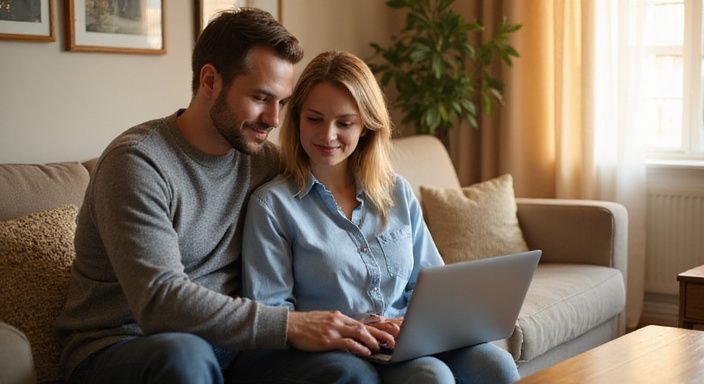 Gelukkige man en vrouw zitten samen op een bank met laptop en willen leuke sexcontacten vinden.