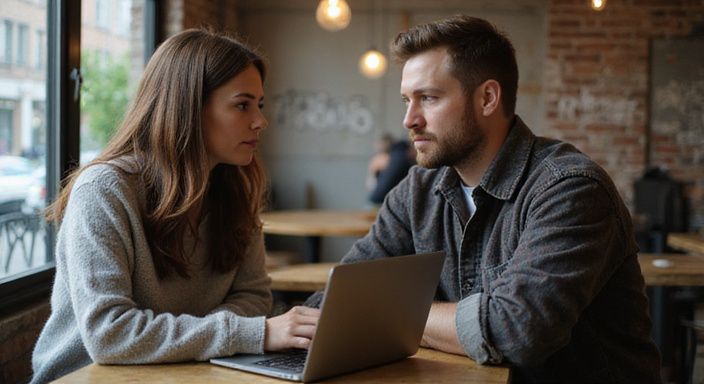 Twee mensen delen een intieme, geconcentreerde conversatie over leuke sexcontacten vinden in een café.