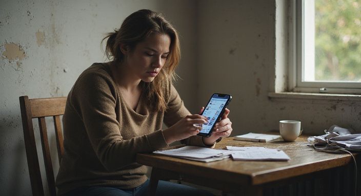 Een vrouw zit bezorgd en gefocust achter een rommelig bureau.