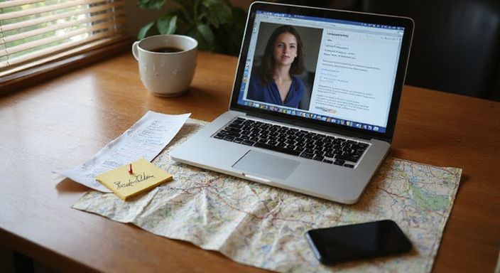 Een kantoorruimte met laptop, smartphone en een papieren kaart.