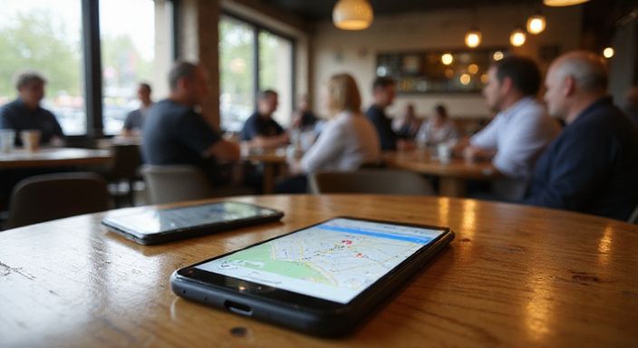 Een druk café met een smartphone, ID-kaart en tablet op tafel.