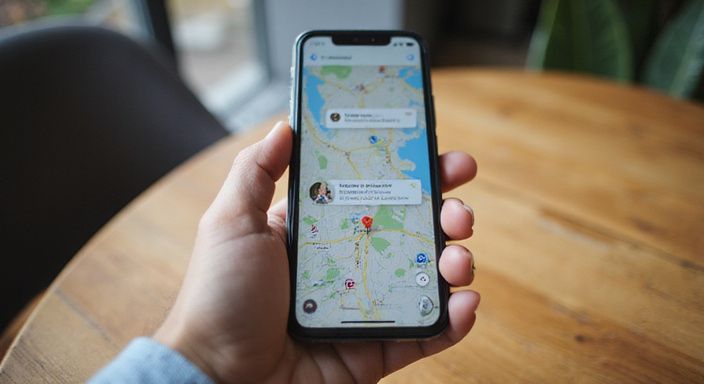 Een smartphone toont een gedetailleerde GPS-kaart en chatberichten.