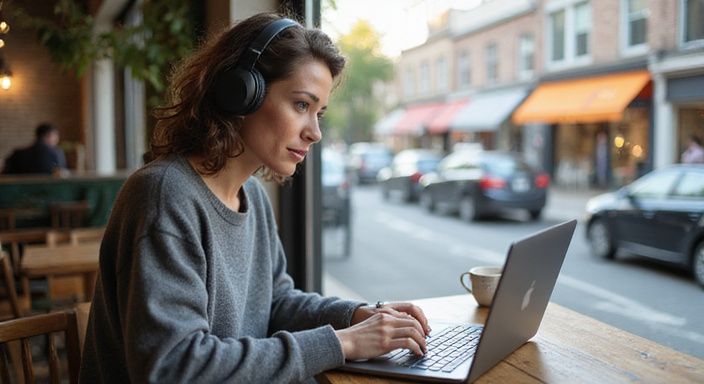 Een vrouw gefocust op haar laptop in een gezellige café wil leuke sexcontacten vinden.