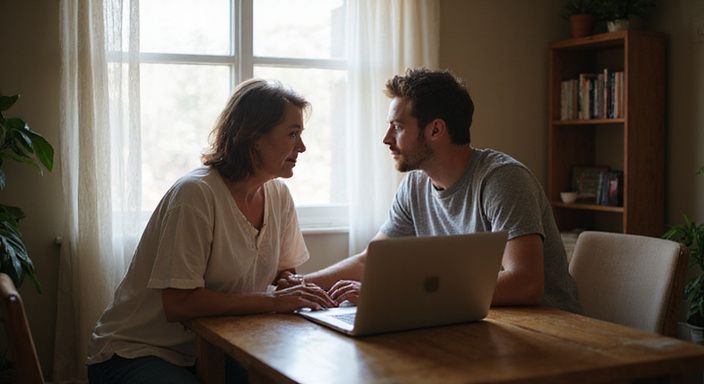 Een vrouw en een man discussiëren aan een bureau over Milf sexcontact.