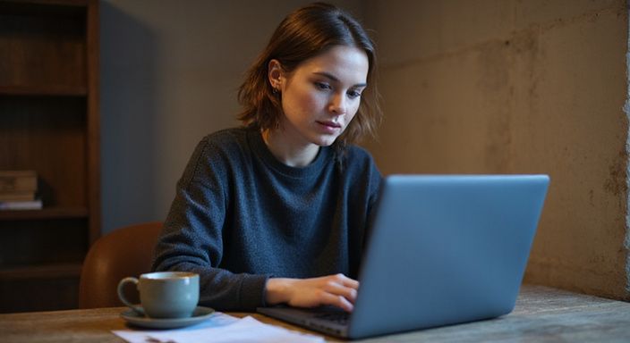 Een vrouw in een grijs trui, geconcentreerd op haar laptop.