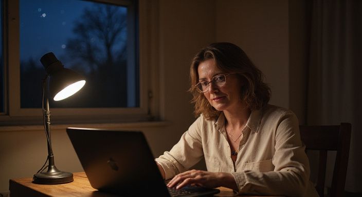Een volwassen vrouw werkt geconcentreerd aan haar laptop aan een bureau en is op zoek naar Milf sexcontact.