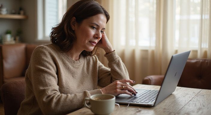 Een vrouw in de veertig scrollt op een laptop.