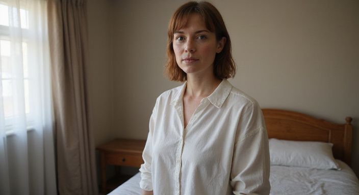 Vrouw in eenvoudige slaapkamer met nadenkende uitdrukking en casual kleding.