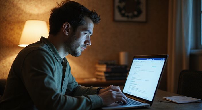 Een man in een casual shirt zoekt op een datingwebsite naar Milf sexcontact.