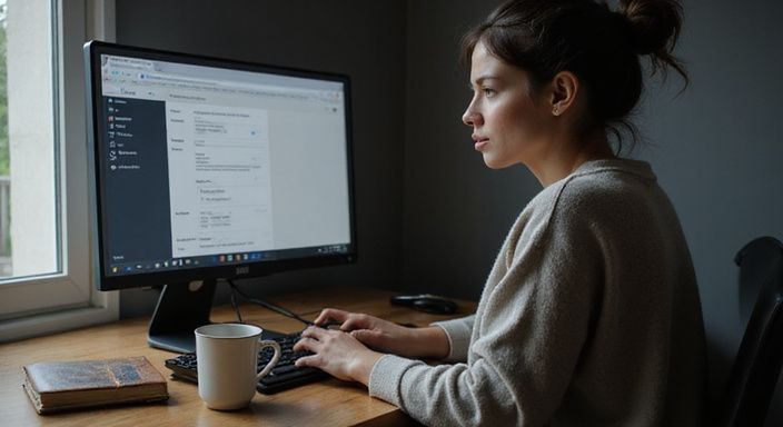 Vrouw in sweater zoekt online relaties voor Milf sexcontact aan haar bureau.