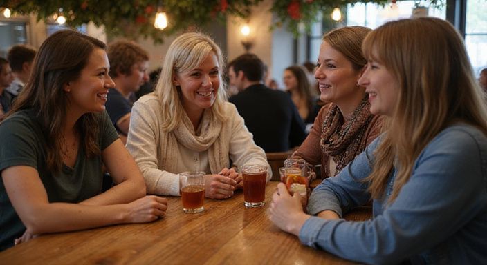 Een groep middelbare vrouwen geniet van elkaar aan de bar