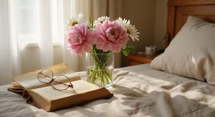 Een gezellige slaapkamer met bloemen, boeken en een rustige sfeer.