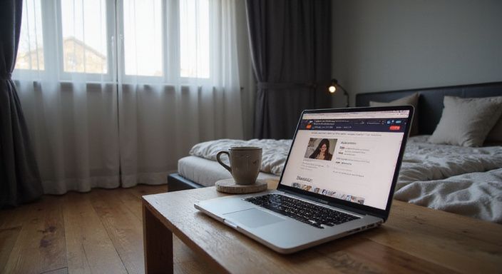 Een elegante slaapkamer met een laptop en een keramische mok. Een elegante slaapkamer met een laptop en een keramische mok.