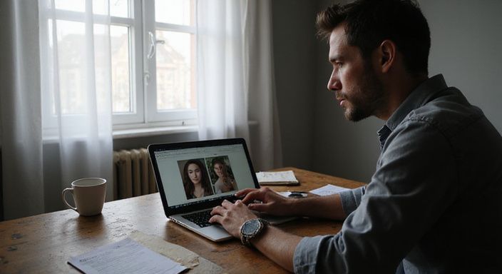 Een man bekijkt escortprofielen op zijn laptop aan een rommelig bureau. Een man bekijkt escortprofielen voor sexcontact Rotterdam op zijn laptop aan een rommelig bureau.