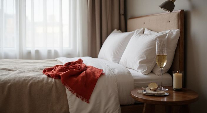 Een sfeervolle hotelkamer met een bed, champagneflute en kaars. Een sfeervolle hotelkamer met een bed, champagneflute en kaars.