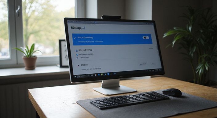 Een moderne werkplek met een computer en een privacy-instellingen scherm. Een moderne werkplek met een computer en een privacy-instellingen scherm.