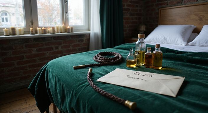 Een intieme slaapkamer met een bed, kaarsen en accessoires voor volwassenen. Een intieme slaapkamer met een bed, kaarsen en accessoires voor volwassenen.