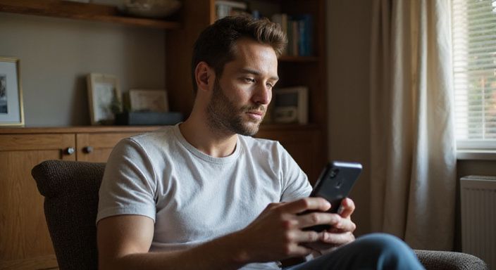 Een persoon leest aandachtig op een smartphone in een eenvoudige kamer. Een persoon leest aandachtig op een smartphone in een eenvoudige kamer en zoekt sexcontact Rotterdam.