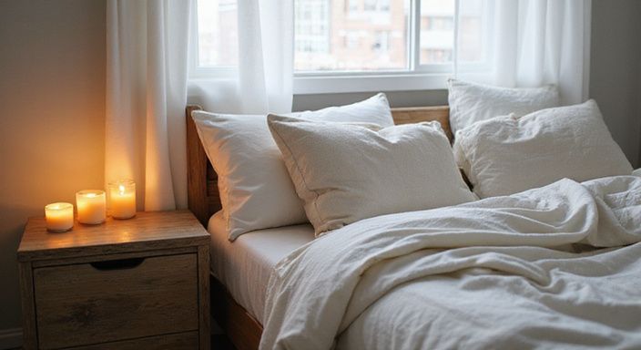 Een serene slaapkamer met een net bed en warme decoraties. Een serene slaapkamer met een net bed en warme decoraties.