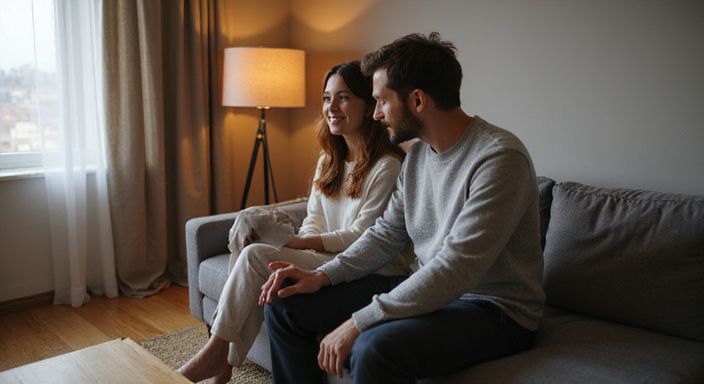 Een stel bespreekt plannen voor een thuis massageservice op de bank. Een stel bespreekt plannen voor een thuis massageservice op de bank.