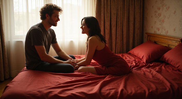 Jong stel zit ontspannen op bed in een sfeervolle hotelkamer. Jong stel zit ontspannen op bed in een sfeervolle hotelkamer en wil sexcontact in Rotterdam.