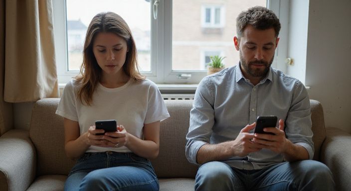 Een stel zit op een bank en kijkt geconcentreerd naar hun telefoons. Een stel zit op een bank en kijkt geconcentreerd naar hun telefoons en zoekt naar sexcontact in Rotterdam.