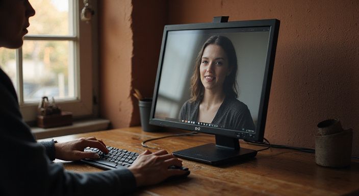 Twee personen in een webcamchat, één typend in het Nederlands. Twee personen in een webcamchat, één typend in het Nederlands.