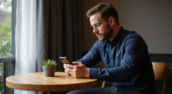 Een man zit alleen in een café en gebruikt zijn smartphone. Een man zit alleen in een café en gebruikt zijn smartphone.