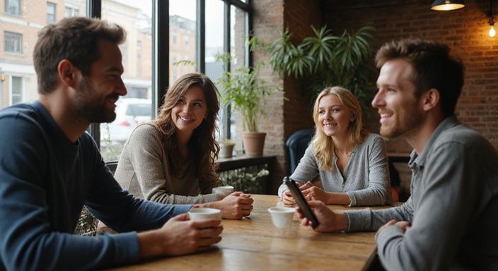 Een groep volwassenen geniet van een intieme ontmoeting in een café. Een groep volwassenen geniet van een intieme ontmoeting in een café.
