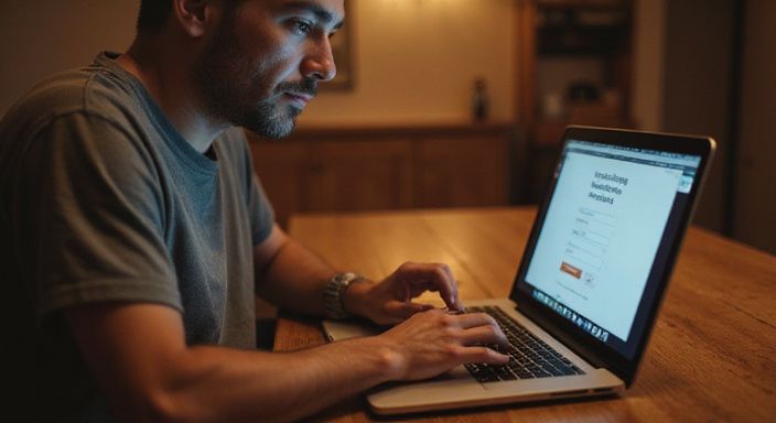 Een persoon in een t-shirt typt op een laptop bij een bureau. Een persoon in een t-shirt typt op een laptop bij een bureau.