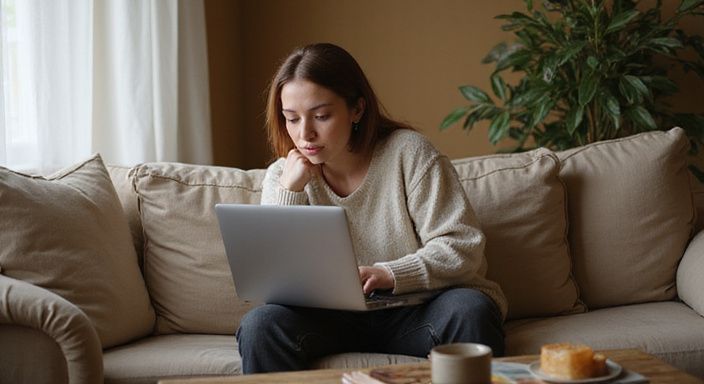 Een vrouw zit ontspannen op de bank met een laptop. Een vrouw zit ontspannen op de bank met een laptop.