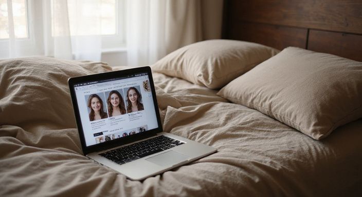 Een bescheiden slaapkamer met een open laptop en vrouwenprofielen op het scherm. Een bescheiden slaapkamer met een open laptop en vrouwenprofielen voor sexcontact in Vlaanderen op het scherm.