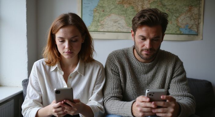 Een man en vrouw zitten samen, verdiept in hun smartphones. Een man en vrouw zitten samen, verdiept in hun smartphones.