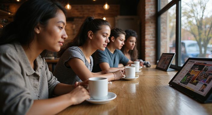 Een druk café met jonge volwassenen en digitale displays. Een druk café met jonge volwassenen en digitale displays.