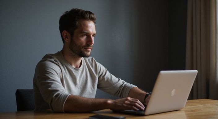 Een man scrollt contemplatief door profielen op zijn laptop. Een man scrollt contemplatief door profielen voor sexcontact in Vlaanderen op zijn laptop.