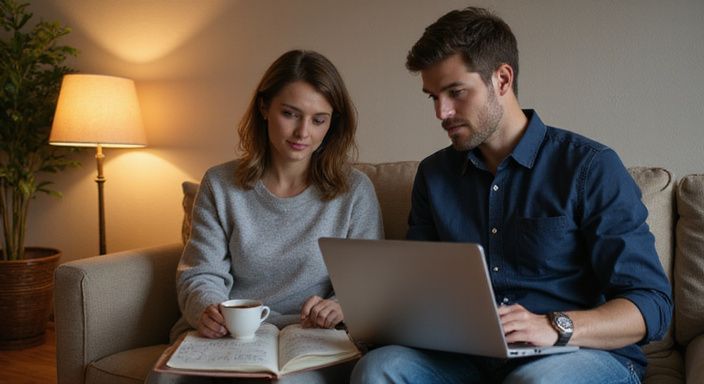 Een man en vrouw werken samen op laptops op een bank. Een man en vrouw zoeken samen op laptops naar sexcontact in Vlaanderen.