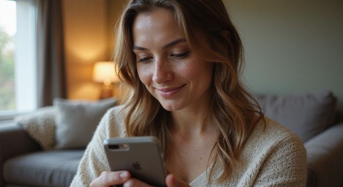 Een vrouw glimlacht terwijl ze ontspannen naar haar smartphone kijkt. Een vrouw glimlacht terwijl ze ontspannen naar haar smartphone kijkt.