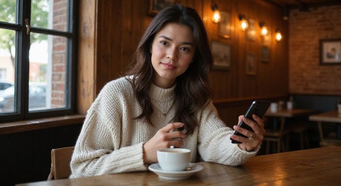 Een vrouw in een gezellige café, genietend van koffie en smartphone. Een vrouw in een gezellige café, genietend van koffie en smartphone.