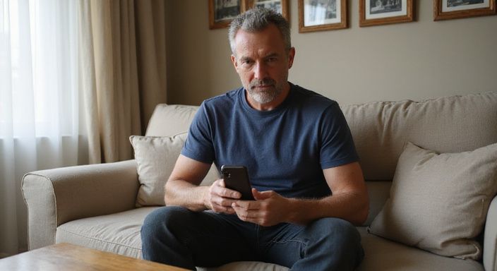 Een man zit ontspannen op de bank en kijkt naar zijn smartphone. Een man zit ontspannen op de bank en zoekt op zijn smartphone naar sexcontact in Vlaanderen.