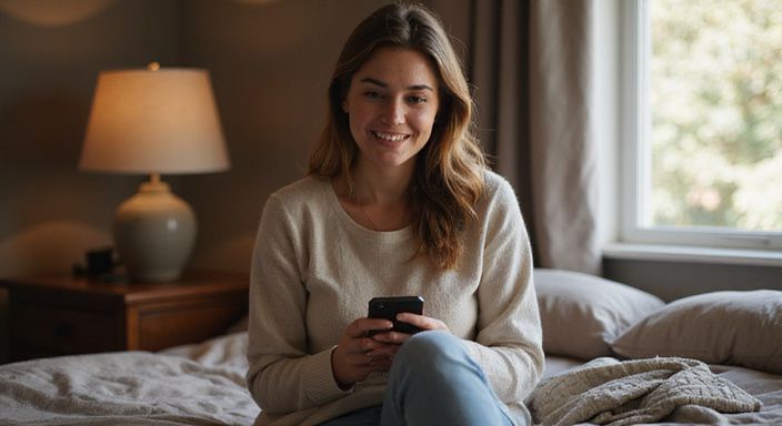 Een vrouw zit op een bed en gebruikt haar smartphone. Een vrouw zit op een bed en gebruikt haar smartphone.