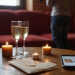 Een gezellig ingerichte kamer met champagne, kaarsen en een afwachtende persoon