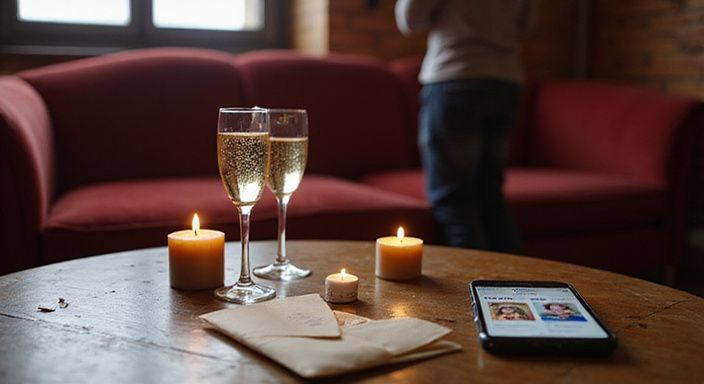 Een gezellig ingerichte kamer met champagne, kaarsen en een afwachtende persoon