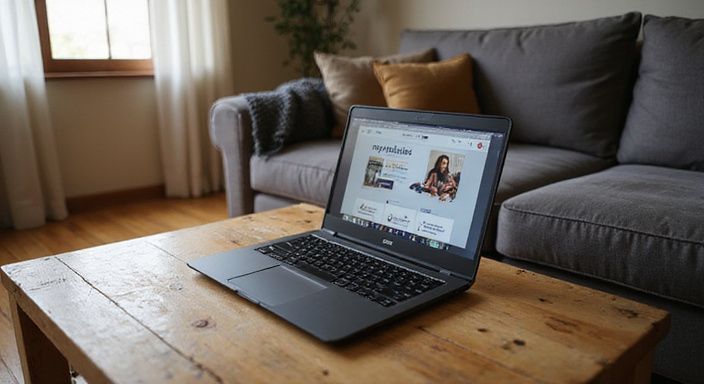 Een comfortabele woonkamer met een laptop en rustieke meubels.