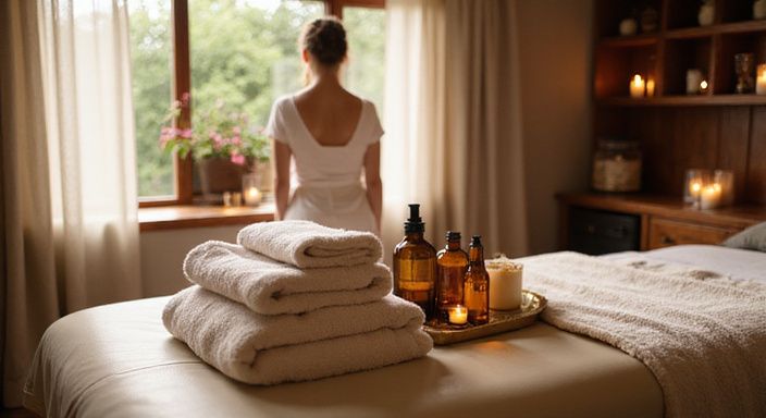 Een warme massagekamer met een comfortabele massagetafel en aromatische oliën.