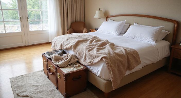 Luxueuze hotelkamer met een net ingepakte koffer en elegante accessoires.